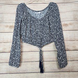 FAITHFULL THE BRAND Off The Shoulder Crop Top Drawstring Floral Navy Top Size S